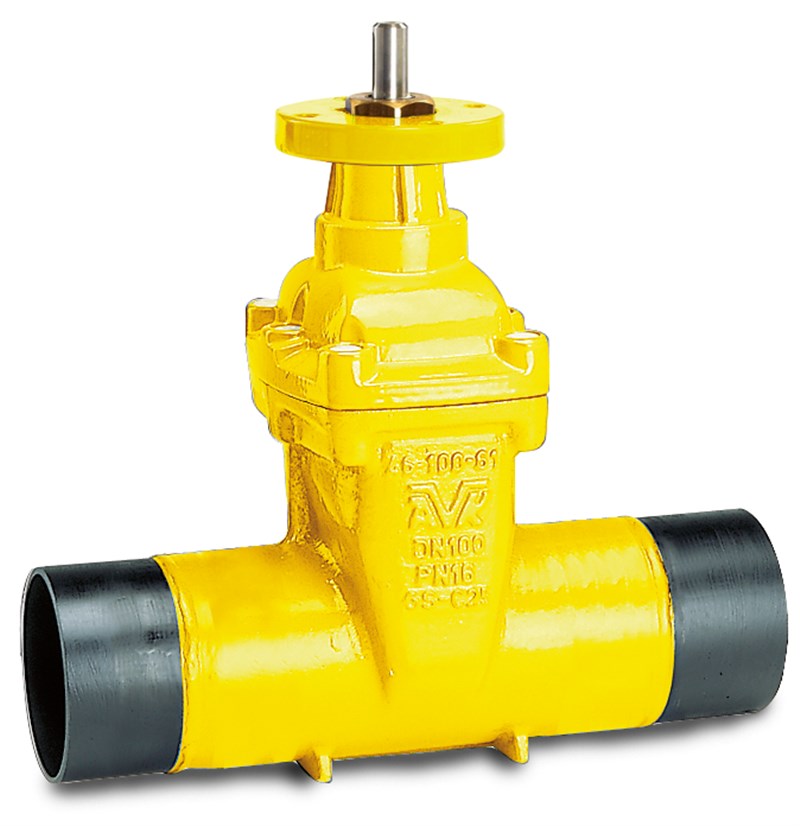 AVK resilient seated gate valve, gas supply, long spigot ends for gas steel pipes, ISO top flange